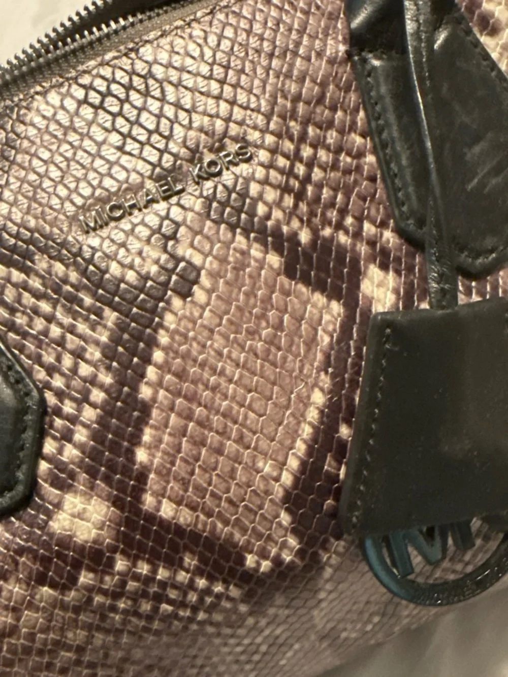Michael Kors Python-Effect Satchel in Taupe and Black